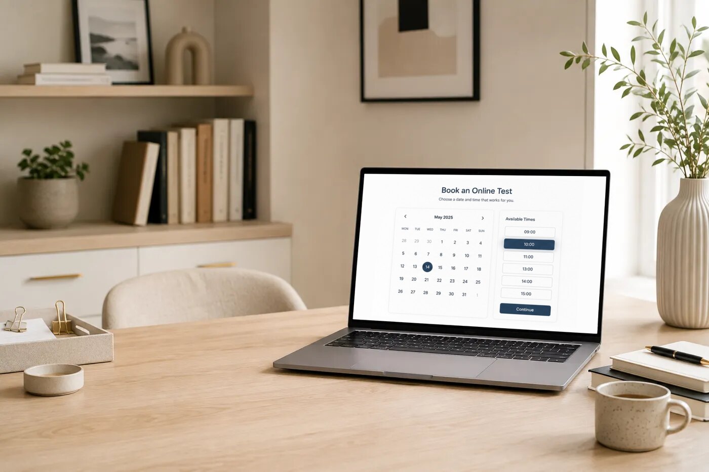 A laptop on a desk at home, showing the screen for booking an online assessment