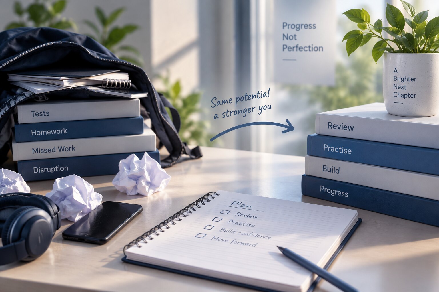 A desk with a pile of books labelled tests, homework, missed work and disruption on one side, and review, practise, build and progress on the other, with a plan written in a notebook