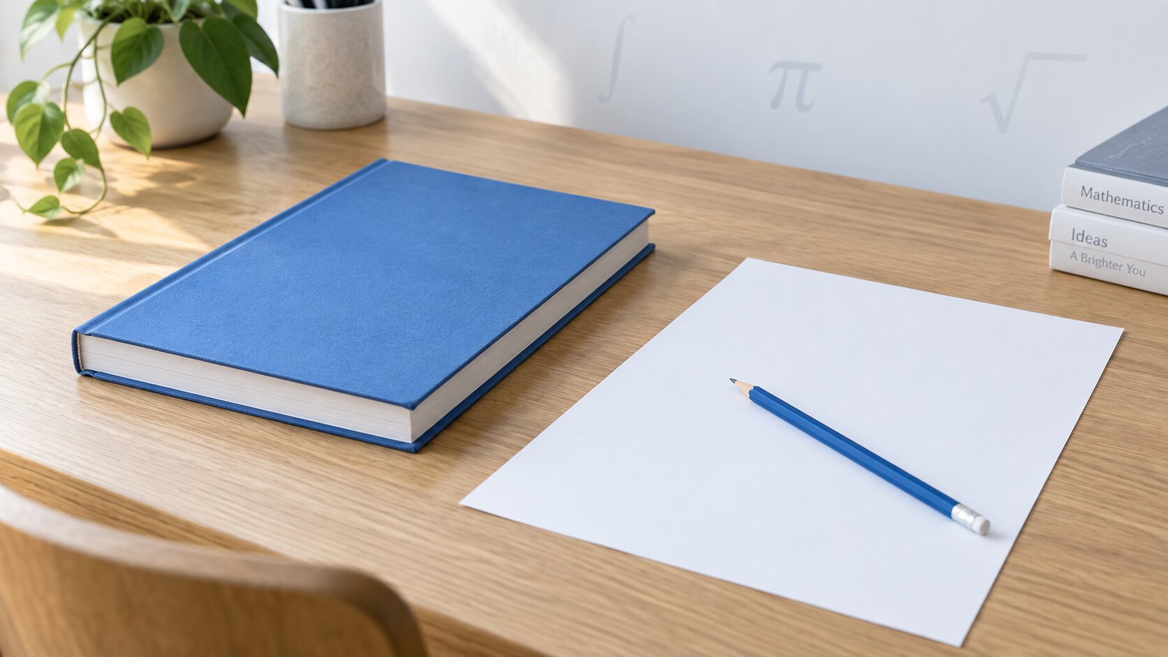 A closed blue exercise book beside a blank sheet of paper and a pencil on a desk