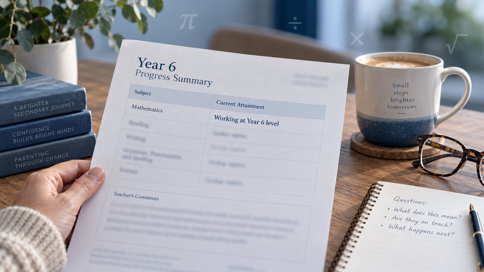 A parent holding a Year 6 progress summary that says “Working at Year 6 level”, with a notebook of questions beside it