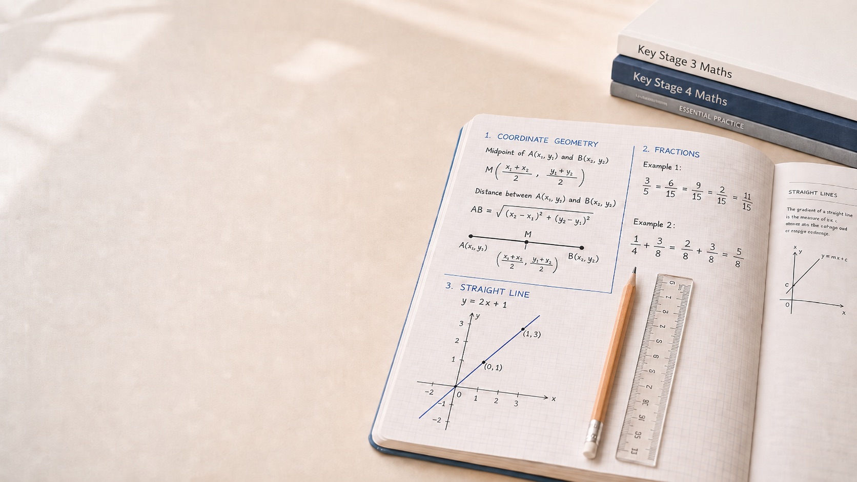 An open maths notebook on a desk, showing coordinate geometry, fractions and a straight-line graph, beside a ruler, a pencil and two Key Stage maths books