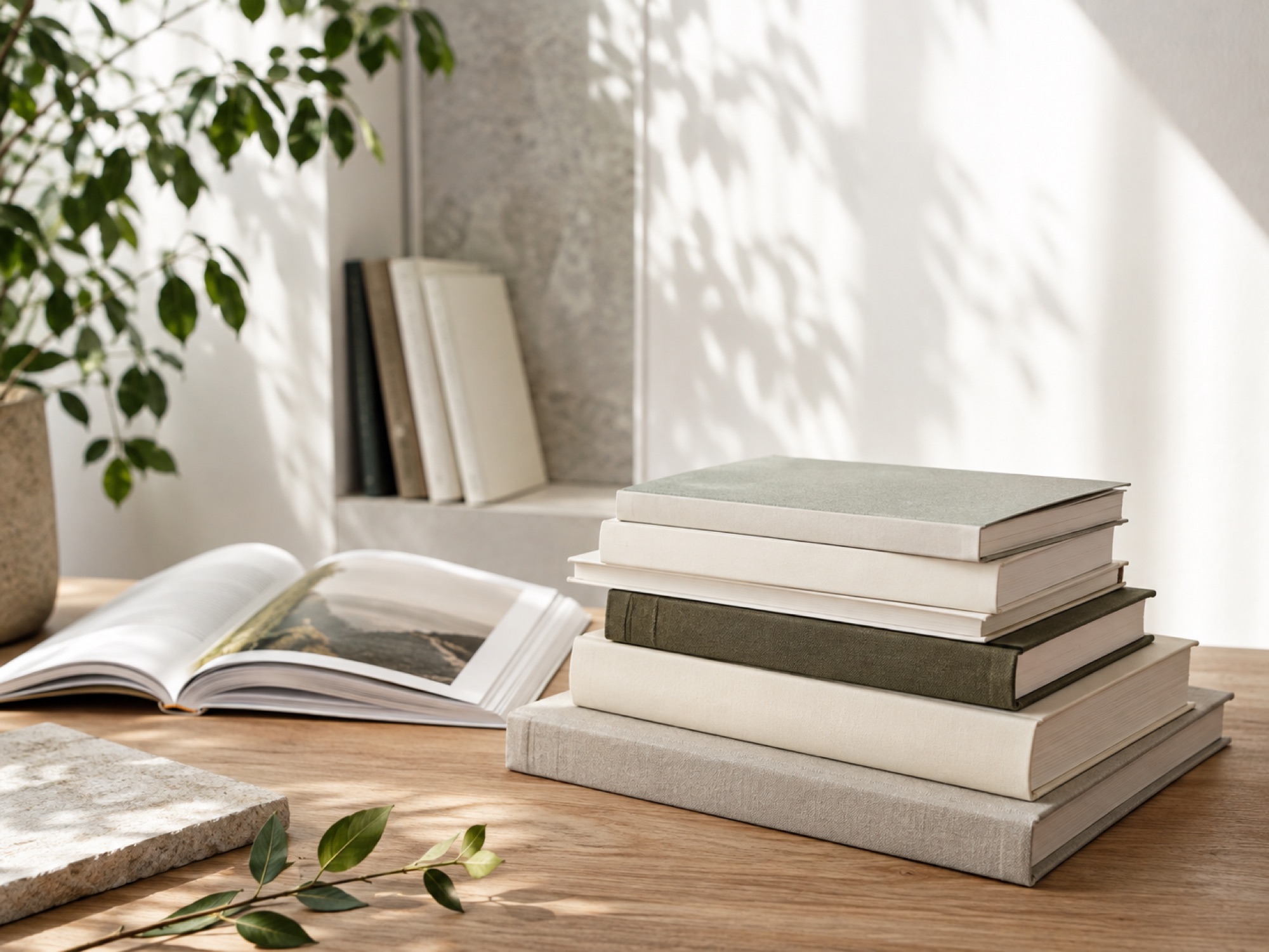 A stack of cloth-bound books on a wooden desk beside an open book, with a plant and daylight from a window