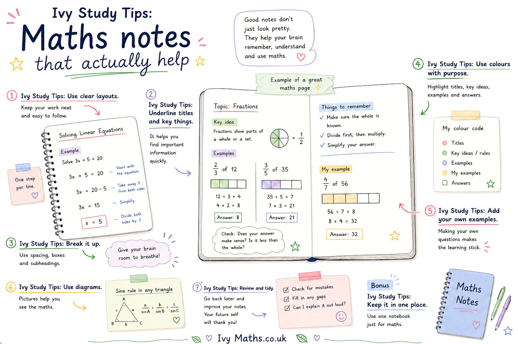 A guide to taking maths notes. Use clear layouts, one step per line. Underline titles and key things. Break it up with spacing, boxes and subheadings. Use colours with purpose. Add your own examples. Use diagrams. Review and tidy your notes later. Keep it all in one notebook. In the middle, an example page on fractions showing a topic heading, a key idea, worked examples with bar models, things to remember, and the student’s own example.