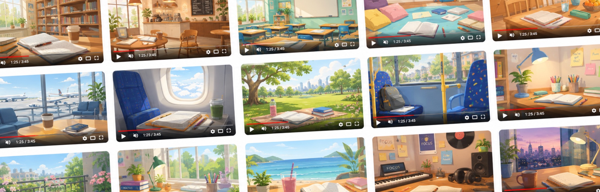 A grid of Ivy Maths Study Lofi videos: a library, a cafe, a classroom, a park, a train and a desk at dusk