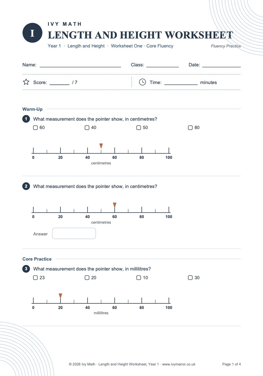 Year 1 · Length and Height · Easy worksheet