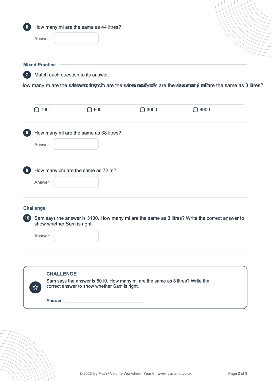 Year 6 · Volume · Normal worksheet