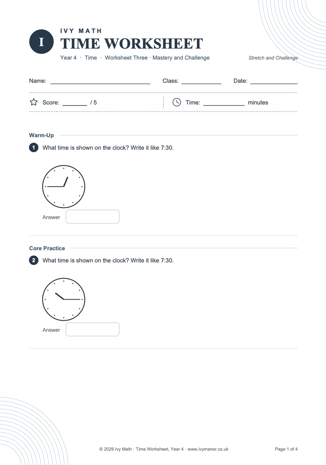 Year 4 · Time · Hard worksheet